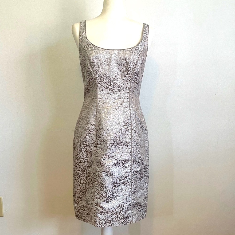 Theia Silver Leopard Patterned Cocktail Shift Dress
